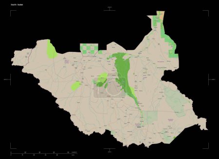 Photo for Shape of a topographic, OSM France style map of the South Sudan, with distance scale and map border coordinates, isolated on black - Royalty Free Image