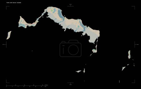 Photo for Shape of a topographic, OSM France style map of the Turks and Caicos Islands, with distance scale and map border coordinates, isolated on black - Royalty Free Image