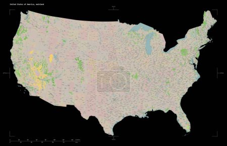 Photo for Shape of a topographic, OSM France style map of the United States of America, mainland, with distance scale and map border coordinates, isolated on black - Royalty Free Image