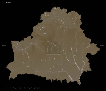 Photo for Shape of a elevation map colored in sepia tones with lakes and rivers of the Belarus, with distance scale and map border coordinates, isolated on black - Royalty Free Image