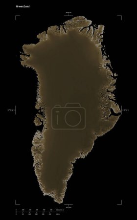 Foto de Forma de un mapa de elevación coloreado en tonos sepia con lagos y ríos de Groenlandia, con escala de distancia y coordenadas del borde del mapa, aislado en negro - Imagen libre de derechos
