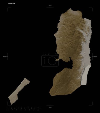 Téléchargez les photos : Forme d'une carte d'altitude colorée dans des tons sépia avec des lacs et des rivières de la Palestine, avec échelle de distance et coordonnées de frontière de carte, isolé sur noir - en image libre de droit