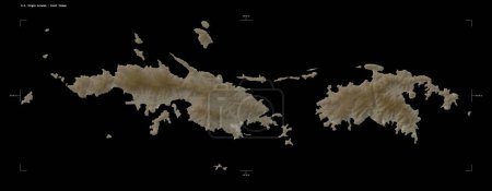 Foto de Forma de un mapa de elevación coloreado en tonos sepia con lagos y ríos de las Islas Vírgenes de los Estados Unidos Santo Tomás, con escala de distancia y coordenadas del borde del mapa, aislado en negro - Imagen libre de derechos