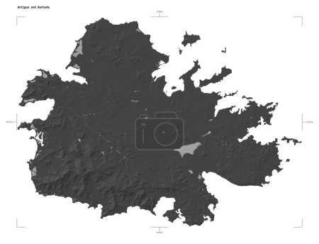 Téléchargez les photos : Forme d'une carte d'altitude de Bilevel avec lacs et rivières de l'Antigua-et-Barbuda, avec échelle de distance et coordonnées de frontière de carte, isolé sur blanc - en image libre de droit