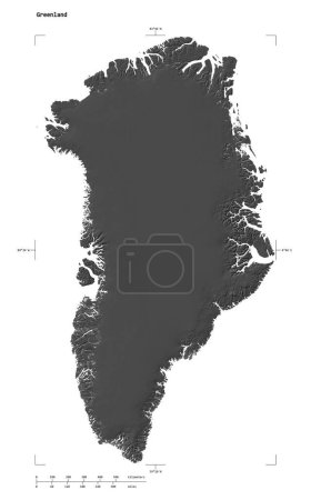 Foto de Forma de un mapa de elevación de Bilevel con lagos y ríos de Groenlandia, con coordenadas de frontera de escala y mapa de distancia, aislado en blanco - Imagen libre de derechos