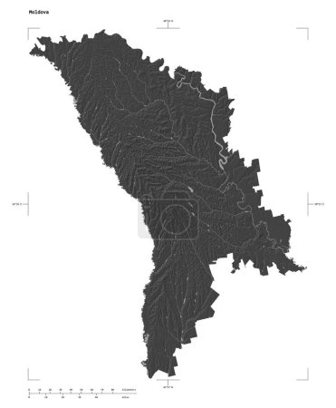 Téléchargez les photos : Forme d'une carte d'altitude de Bilevel avec lacs et rivières de Moldavie, avec échelle de distance et coordonnées de frontière de carte, isolé sur blanc - en image libre de droit