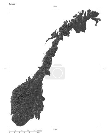 Foto de Forma de un mapa de elevación Bilevel con lagos y ríos de Noruega, con escala de distancia y coordenadas del borde del mapa, aislado en blanco - Imagen libre de derechos