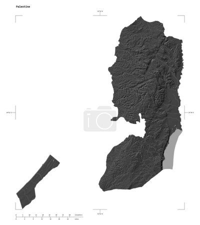 Téléchargez les photos : Forme d'une carte d'altitude de Bilevel avec lacs et rivières de la Palestine, avec échelle de distance et coordonnées de frontière de carte, isolé sur blanc - en image libre de droit
