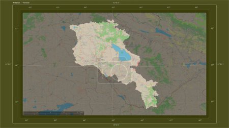 Photo for Armenia highlighted on a topographic, OSM standard style map map with the country's capital point, cartographic grid, distance scale and map border coordinates - Royalty Free Image