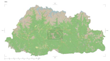 Photo for Shape of a topographic, OSM standard style map of the Bhutan, with distance scale and map border coordinates, isolated on white - Royalty Free Image