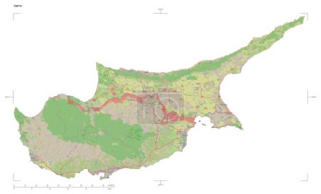 Photo for Shape of a topographic, OSM standard style map of the Cyprus, with distance scale and map border coordinates, isolated on white - Royalty Free Image