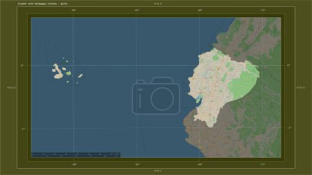 Photo for Ecuador with Galapagos Islands highlighted on a topographic, OSM standard style map map with the country's capital point, cartographic grid, distance scale and map border coordinates - Royalty Free Image