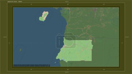 Photo for Equatorial Guinea highlighted on a topographic, OSM standard style map map with the country's capital point, cartographic grid, distance scale and map border coordinates - Royalty Free Image