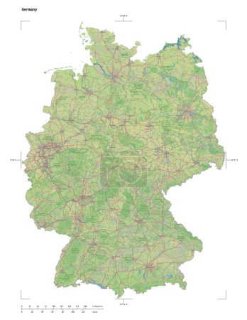 Photo for Shape of a topographic, OSM standard style map of the Germany, with distance scale and map border coordinates, isolated on white - Royalty Free Image
