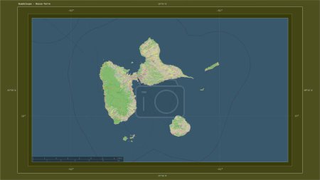 Téléchargez les photos : Guadeloupe mise en évidence sur une carte topographique de style standard de l'OSM avec le point capitale du pays, la grille cartographique, l'échelle de distance et les coordonnées de la frontière cartographique - en image libre de droit