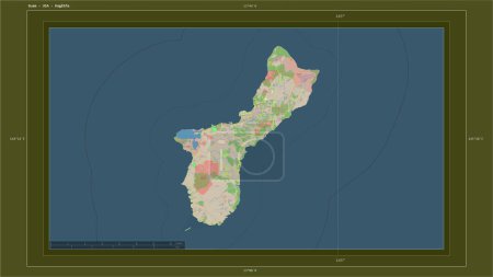 Photo for Guam - USA highlighted on a topographic, OSM standard style map map with the country's capital point, cartographic grid, distance scale and map border coordinates - Royalty Free Image