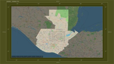 Photo for Guatemala highlighted on a topographic, OSM standard style map map with the country's capital point, cartographic grid, distance scale and map border coordinates - Royalty Free Image