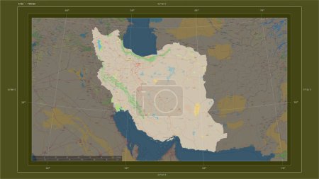 Photo for Iran highlighted on a topographic, OSM standard style map map with the country's capital point, cartographic grid, distance scale and map border coordinates - Royalty Free Image