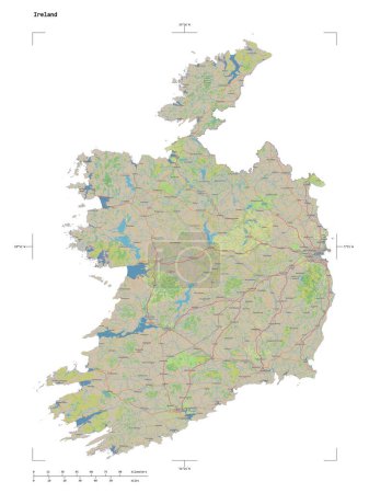 Photo for Shape of a topographic, OSM standard style map of the Ireland, with distance scale and map border coordinates, isolated on white - Royalty Free Image