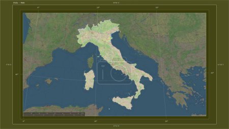 Photo for Italy highlighted on a topographic, OSM standard style map map with the country's capital point, cartographic grid, distance scale and map border coordinates - Royalty Free Image