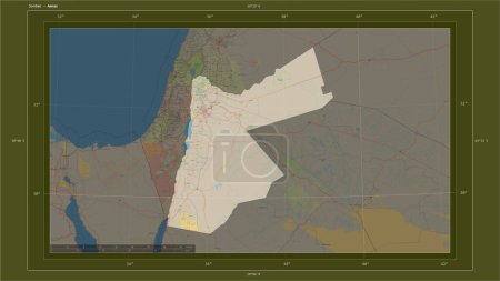 Photo for Jordan highlighted on a topographic, OSM standard style map map with the country's capital point, cartographic grid, distance scale and map border coordinates - Royalty Free Image