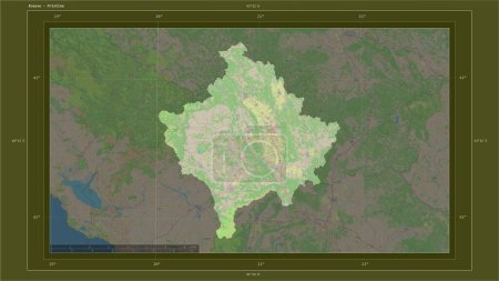 Photo for Kosovo highlighted on a topographic, OSM standard style map map with the country's capital point, cartographic grid, distance scale and map border coordinates - Royalty Free Image