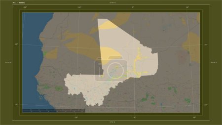 Photo for Mali highlighted on a topographic, OSM standard style map map with the country's capital point, cartographic grid, distance scale and map border coordinates - Royalty Free Image