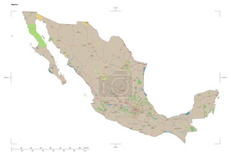 Photo for Shape of a topographic, OSM standard style map of the Mexico, with distance scale and map border coordinates, isolated on white - Royalty Free Image
