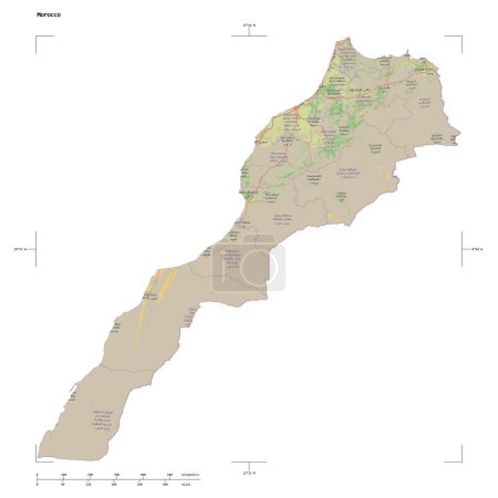 Photo for Shape of a topographic, OSM standard style map of the Morocco, with distance scale and map border coordinates, isolated on white - Royalty Free Image