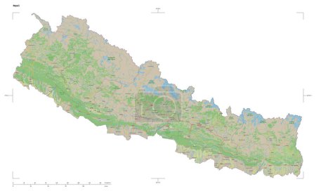 Photo for Shape of a topographic, OSM standard style map of the Nepal, with distance scale and map border coordinates, isolated on white - Royalty Free Image