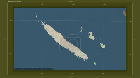 Photo for New Caledonia highlighted on a topographic, OSM standard style map map with the country's capital point, cartographic grid, distance scale and map border coordinates - Royalty Free Image