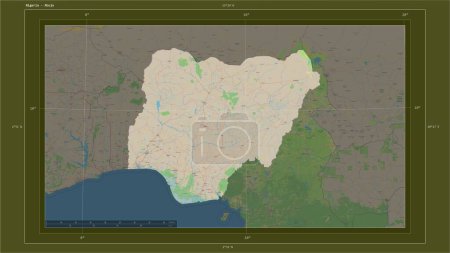 Photo for Nigeria highlighted on a topographic, OSM standard style map map with the country's capital point, cartographic grid, distance scale and map border coordinates - Royalty Free Image