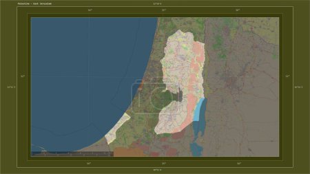 Téléchargez les photos : Palestine mise en évidence sur une carte topographique de style standard de l'OSM avec le point capitale du pays, la grille cartographique, l'échelle de distance et les coordonnées de la frontière cartographique - en image libre de droit