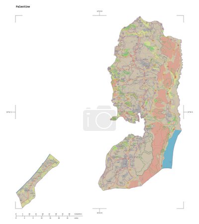 Téléchargez les photos : Forme d'une carte topographique de style OSM standard de la Palestine, avec échelle de distance et coordonnées de frontière de carte, isolée sur blanc - en image libre de droit