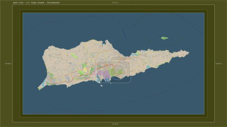 Téléchargez les photos : Sainte-Croix - Îles Vierges américaines surlignées sur une carte topographique de style standard de l'OSM avec le point capitale du pays, la grille cartographique, l'échelle de distance et les coordonnées de la frontière cartographique - en image libre de droit