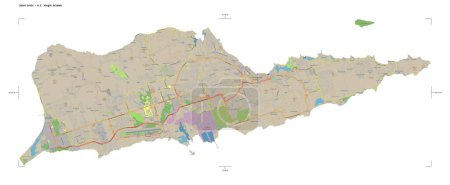 Téléchargez les photos : Forme d'une carte topographique de style standard OSM de Sainte Croix - Îles Vierges américaines, avec échelle de distance et coordonnées de frontière de carte, isolée sur blanc - en image libre de droit