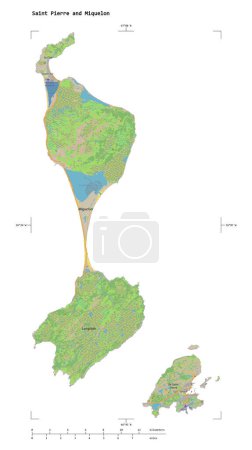 Shape of a topographic, OSM standard style map of the Saint Pierre and Miquelon, with distance scale and map border coordinates, isolated on white