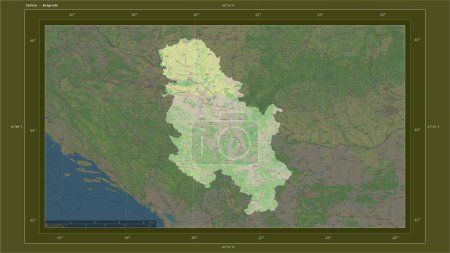 Photo for Serbia highlighted on a topographic, OSM standard style map map with the country's capital point, cartographic grid, distance scale and map border coordinates - Royalty Free Image