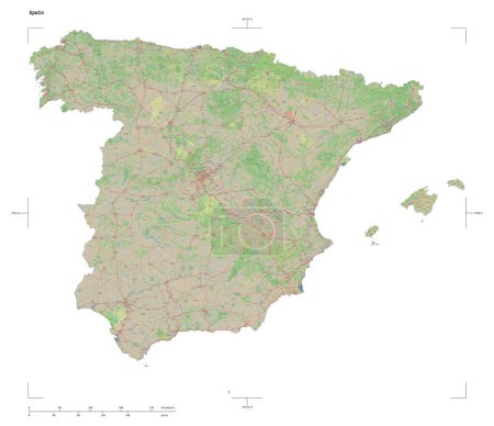 Photo for Shape of a topographic, OSM standard style map of the Spain, with distance scale and map border coordinates, isolated on white - Royalty Free Image