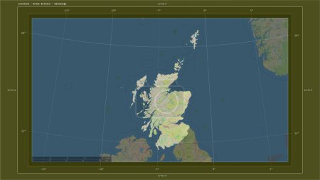Photo for Scotland - Great Britain highlighted on a topographic, OSM standard style map map with the country's capital point, cartographic grid, distance scale and map border coordinates - Royalty Free Image