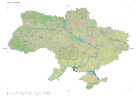 Photo for Shape of a topographic, OSM standard style map of the Ukraine before 2014, with distance scale and map border coordinates, isolated on white - Royalty Free Image