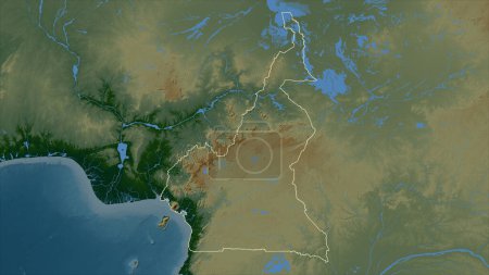 Téléchargez les photos : Cameroun tracé sur une carte d'altitude colorée avec lacs et rivières - en image libre de droit