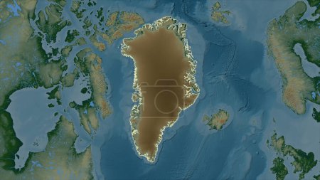Foto de Groenlandia delineado en un mapa de elevación de colores con lagos y ríos - Imagen libre de derechos