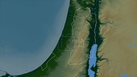 Téléchargez les photos : Palestine tracée sur une carte d'altitude colorée avec des lacs et des rivières - en image libre de droit