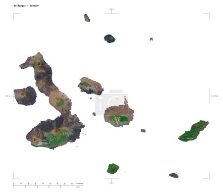 Foto de Forma de un mapa satelital de alta resolución de las Galápagos - Ecuador, con coordenadas de frontera de escala y mapa de distancia, aislado en blanco - Imagen libre de derechos