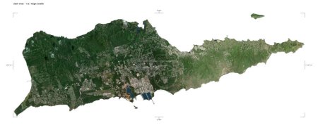 Téléchargez les photos : Forme d'une carte satellite à haute résolution de Sainte Croix - Îles Vierges américaines, avec échelle de distance et coordonnées de la frontière de la carte, isolée sur blanc - en image libre de droit