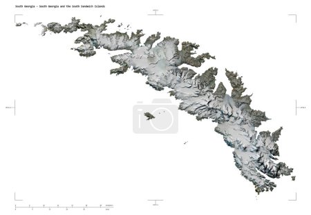 Photo for Shape of a high resolution satellite map of the South Georgia - South Georgia and the South Sandwich Islands, with distance scale and map border coordinates, isolated on white - Royalty Free Image