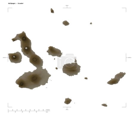 Foto de Forma de un mapa de elevación coloreado en tonos sepia con lagos y ríos de las Galápagos - Ecuador, con escala de distancia y coordenadas del borde del mapa, aislado en blanco - Imagen libre de derechos