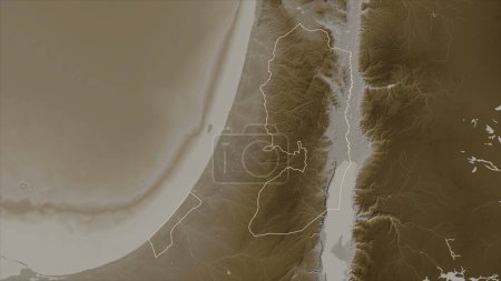 Téléchargez les photos : Palestine tracée sur une carte d'altitude colorée dans des tons sépia avec des lacs et des rivières - en image libre de droit
