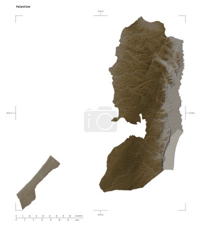 Téléchargez les photos : Forme d'une carte d'altitude colorée dans des tons sépia avec des lacs et des rivières de la Palestine, avec échelle de distance et coordonnées de frontière de carte, isolé sur blanc - en image libre de droit